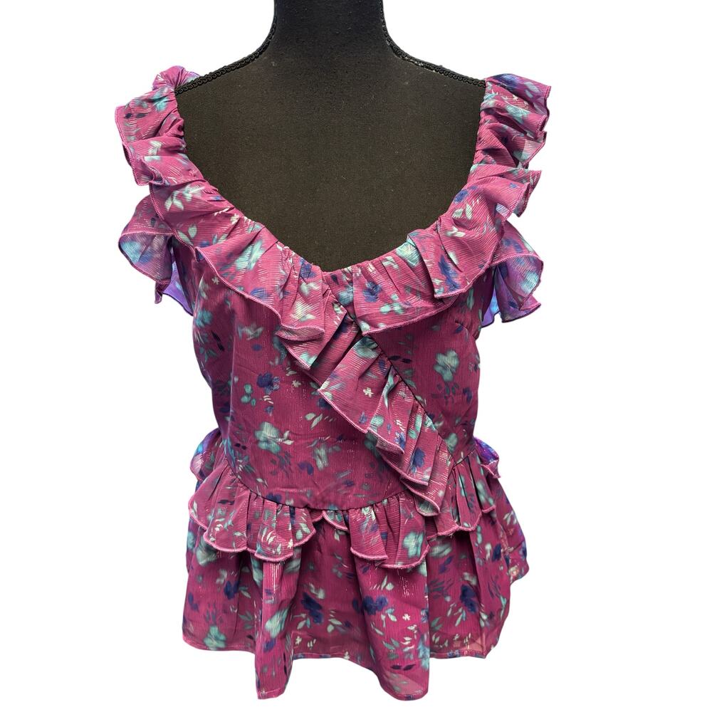 French Connection Aden Bai Floral Ruffle Peplum Tank Blouse Sz 4 Purple Feminine